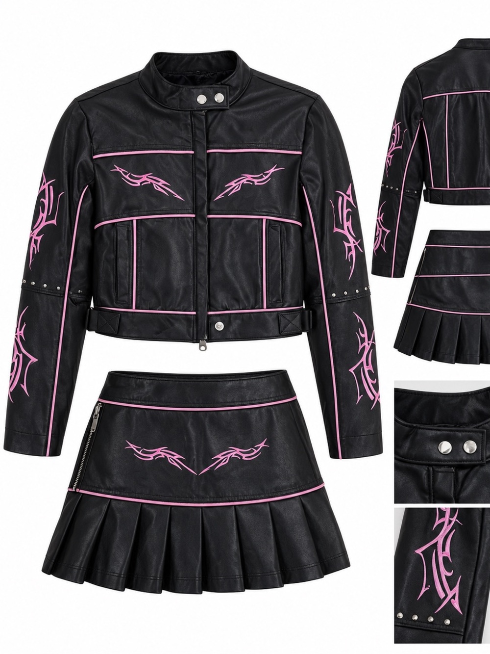 Vintage Black Faux Leather Cropped Jacket with Pink Trim - Women's